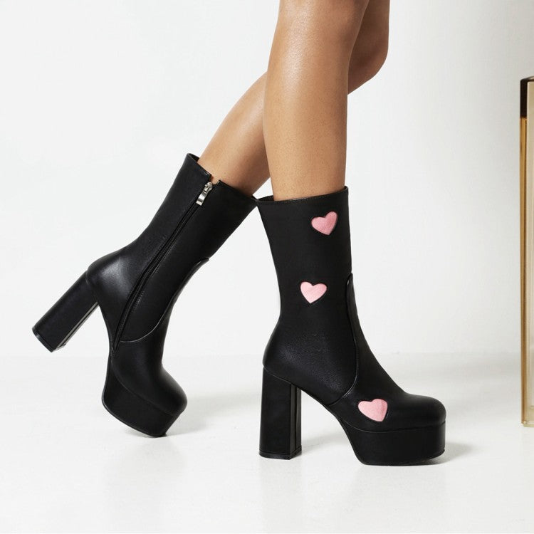 Women's Bicolor Love Hearts Pu Leather Round Toe Side Zippers Block Chunky Heel Platform Mid Calf Boots