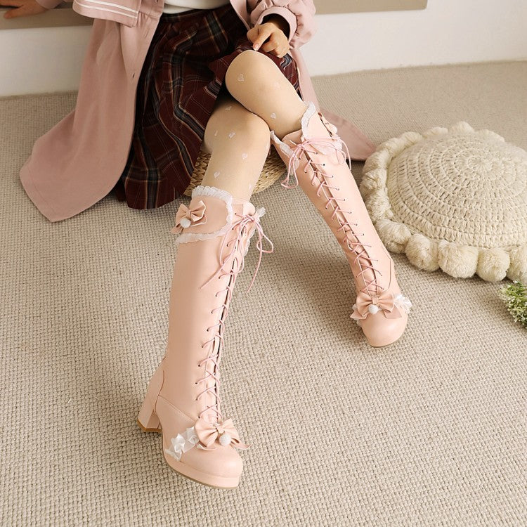 Women's Lace Bow Tie Block Chunky Heel Knee-High Boots
