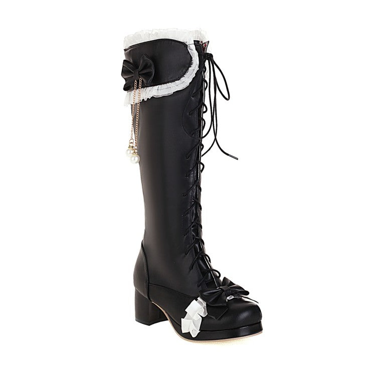 Women's Lace Bow Tie Pearls Tied Straps Block Chunky Heel Knee-High Boots