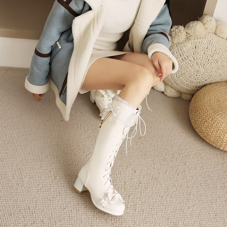 Women's Lace Bow Tie Pearls Tied Straps Block Chunky Heel Knee-High Boots