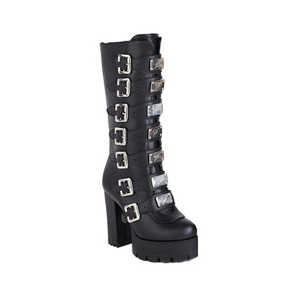 Women's Round Toe Sequins Metal Buckle Straps Block Chunky Heel Platform Mid-Calf Boots