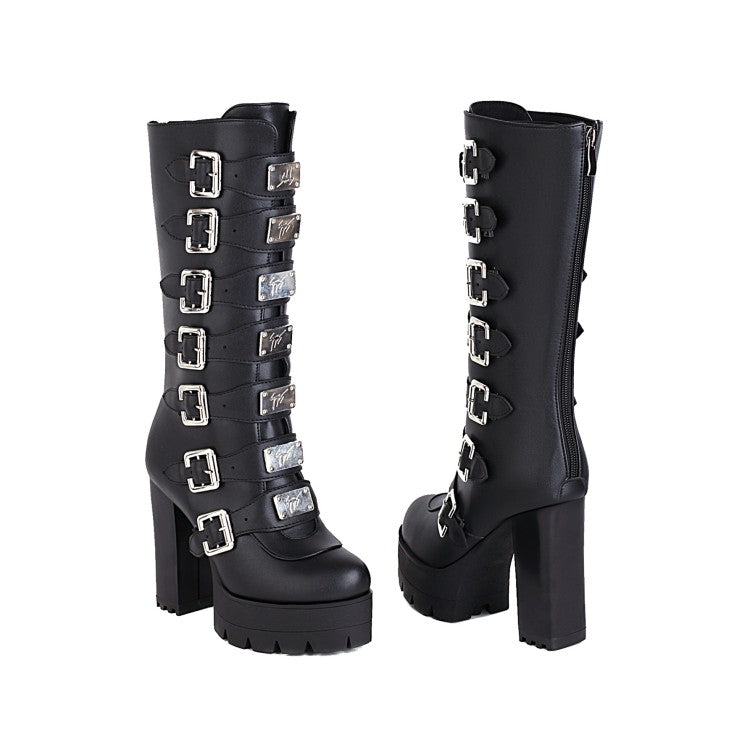 Women's Round Toe Sequins Metal Buckle Straps Block Chunky Heel Platform Mid-Calf Boots