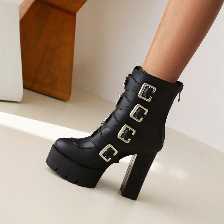 Women's Round Toe Sequins Metal Buckle Straps Block Chunky Heel Platform Mid-Calf Boots