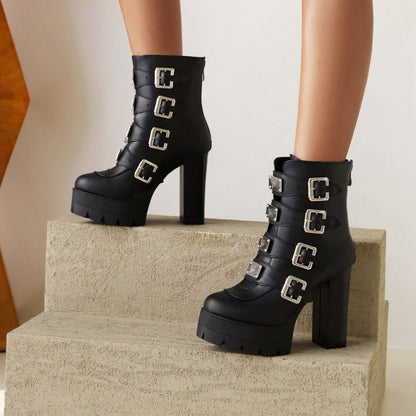 Women's Round Toe Sequins Metal Buckle Straps Block Chunky Heel Platform Mid-Calf Boots