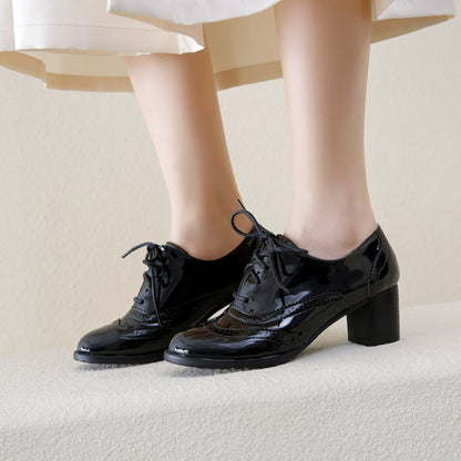 Women Lace Up Carved Block Heel Platform OXford Shoes