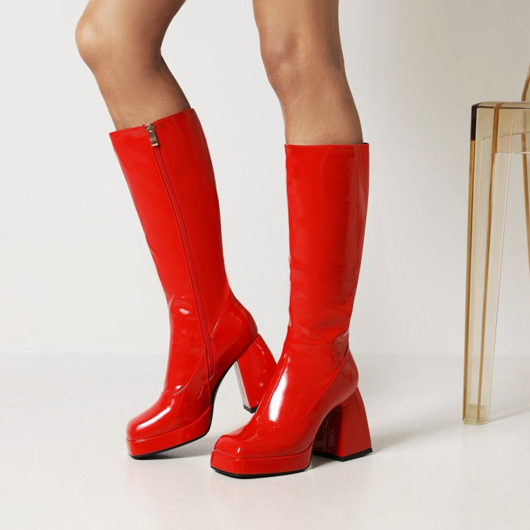 Women's Glossy Square Toe Side Zippers Block Chunky Heel Platform Knee High Boots