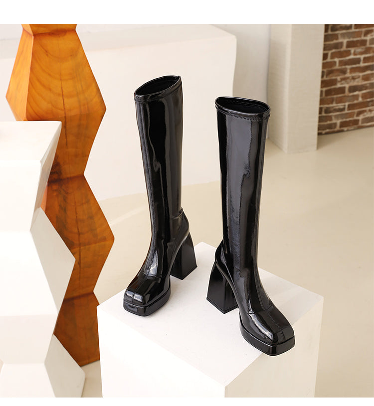 Women's Glossy Square Toe Chunky Heel Platform Knee-High Boots
