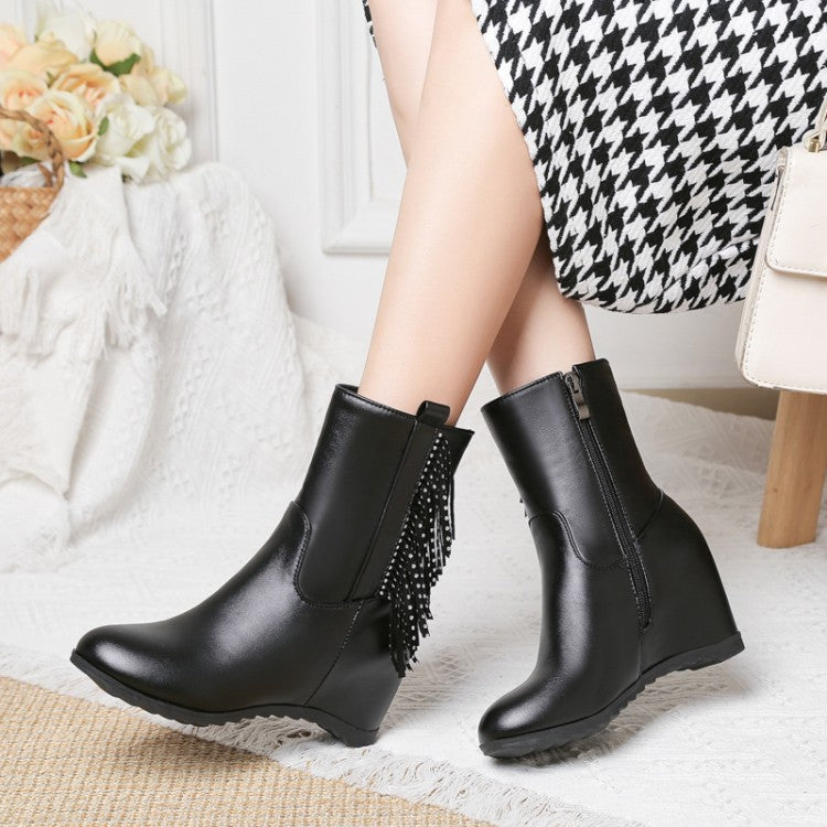 Women's Pu Leather Round Toe Inside Heighten String Bead Tassel Wedge Heel Ankle Boots