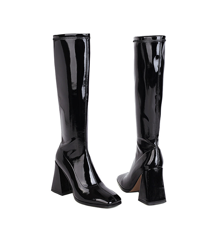 Women's Glossy Square Toe Chunky Heel Knee-High Boots