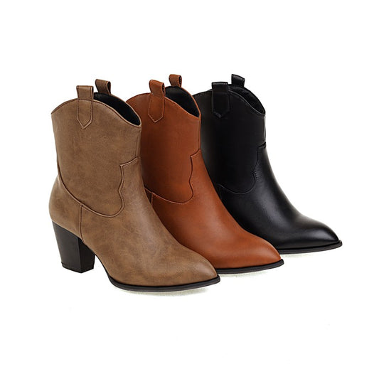 Women's Pu Leather Pointed Toe Stitch Block Chunky Heel Ankle Boots