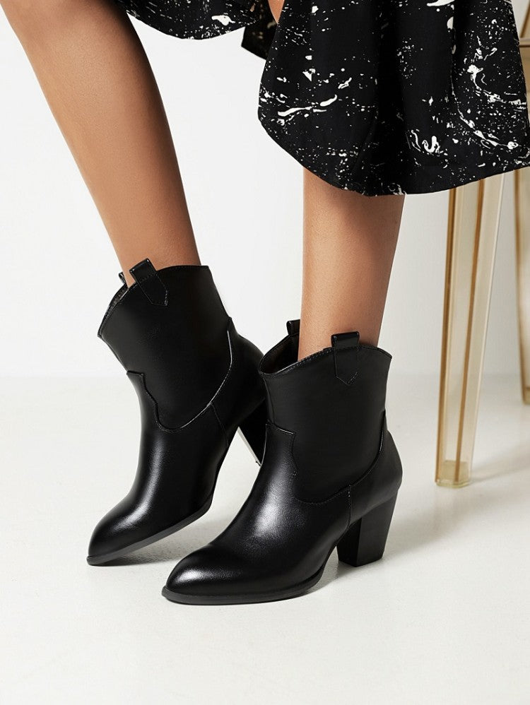Women's Pu Leather Pointed Toe Stitch Block Chunky Heel Ankle Boots