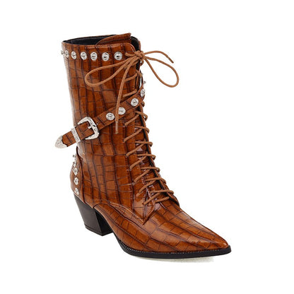 Women's
 Crocodile Pattern Pointed Toe Buckles Belts Rivets Block Heel Mid Calf Boots