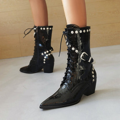 Women's
 Crocodile Pattern Pointed Toe Buckles Belts Rivets Block Heel Mid Calf Boots