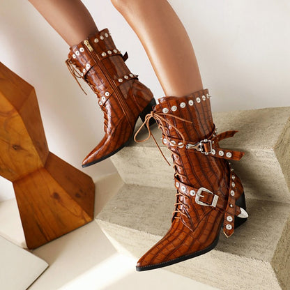 Women's
 Crocodile Pattern Pointed Toe Belts Buckles Rivets Puppy Heel Mid Calf Boots