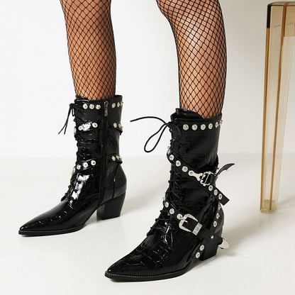 Women's
 Crocodile Pattern Pointed Toe Belts Buckles Rivets Puppy Heel Mid Calf Boots