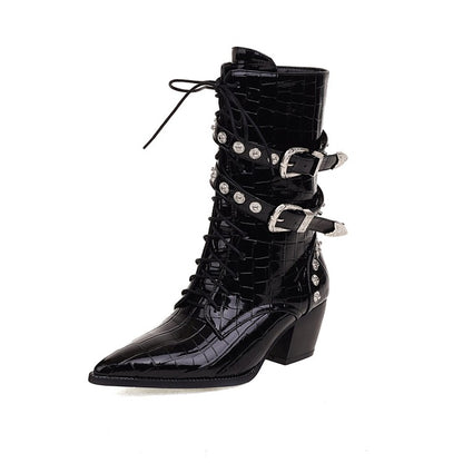 Women's Crocodile Pattern Pointed Toe Rivets Block Heel Mid Calf Boots