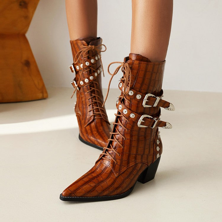 Women's Crocodile Pattern Pointed Toe Rivets Block Heel Mid Calf Boots