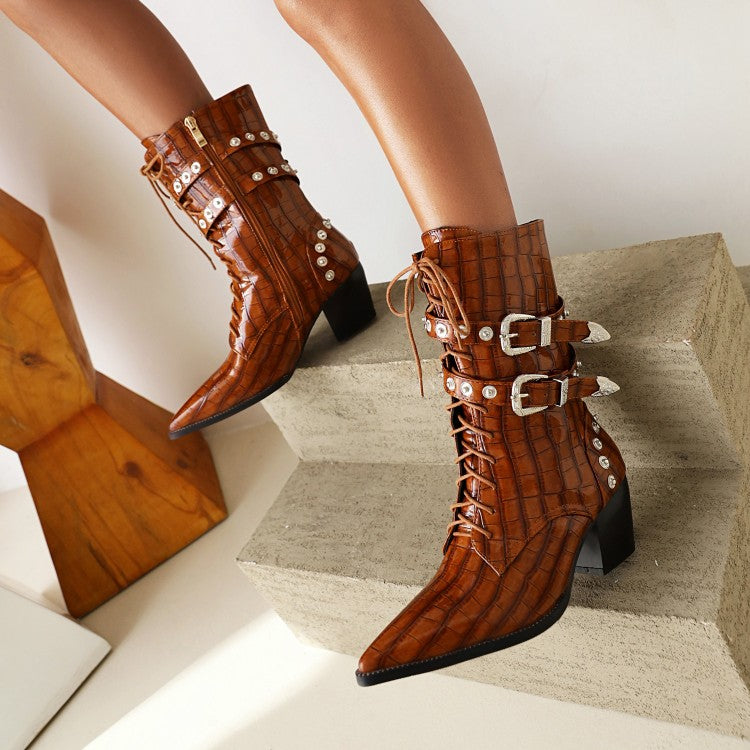 Women's Crocodile Pattern Pointed Toe Rivets Block Heel Mid Calf Boots