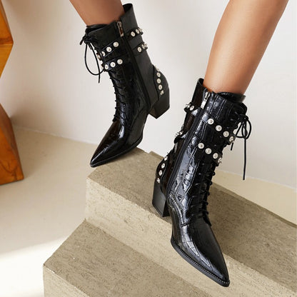 Women's Crocodile Pattern Pointed Toe Rivets Block Heel Mid Calf Boots