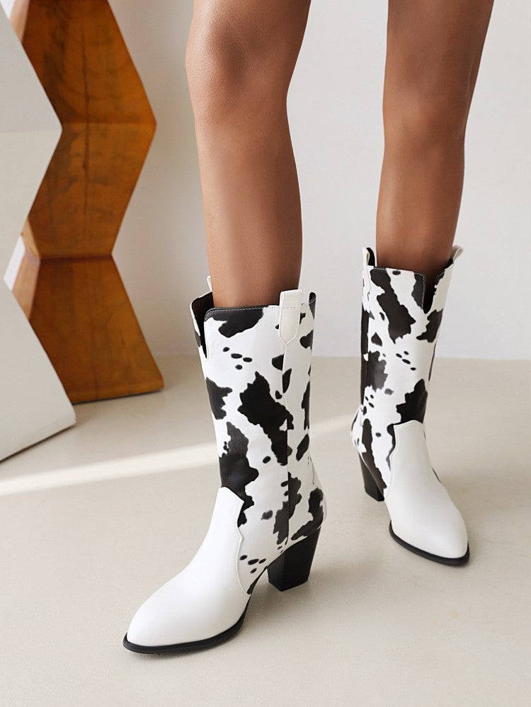 Women's Pu Leather Pointed Toe Cow Block Chunky Heel Mid Calf Boots