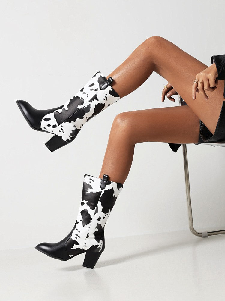 Women's Pu Leather Pointed Toe Cow Block Chunky Heel Mid Calf Boots