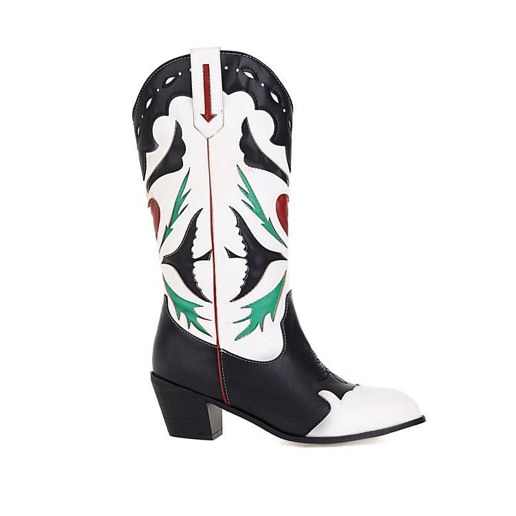 Women's Patchwork Pointed Toe Block Heel Cowboy Mid Calf Boots