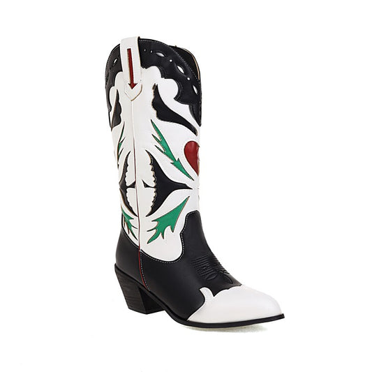 Women's Patchwork Pointed Toe Block Heel Cowboy Mid Calf Boots