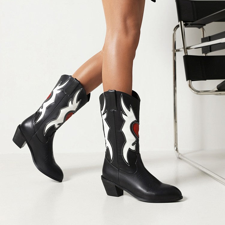 Women's Ethnic Printed Pointed Toe Block Heel Mid Calf Boots