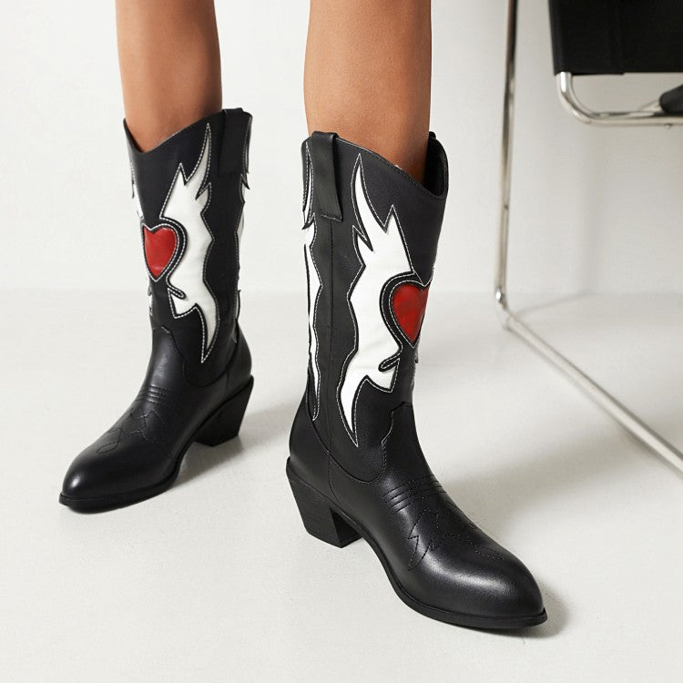 Women's Ethnic Printed Pointed Toe Block Heel Mid Calf Boots