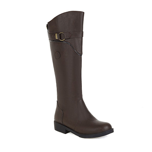 Women's Round Toe Buckle Straps Knee High Boots