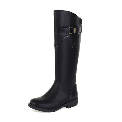 Women's Round Toe Buckle Straps Knee High Boots