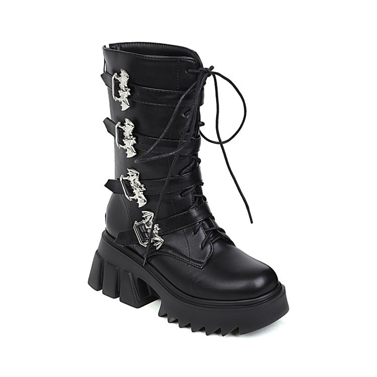 Women's Pu Leather Round Toe Metal Buckle Straps Lace Up Block Chunky Heel Platform Mid-calf Boots