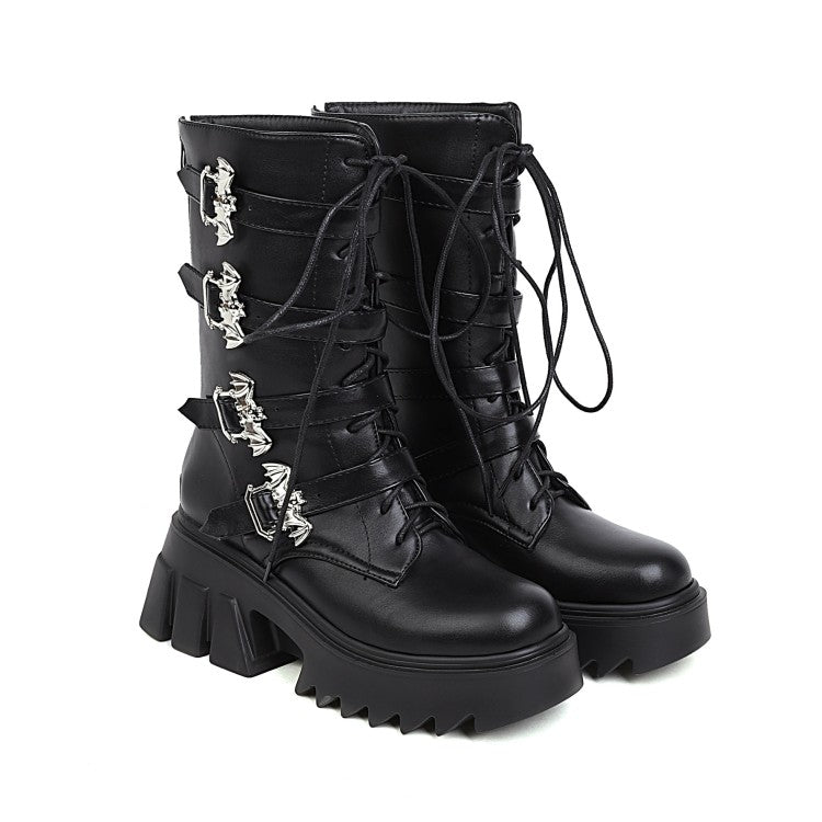 Women's Pu Leather Round Toe Metal Buckle Straps Lace Up Block Chunky Heel Platform Mid-calf Boots