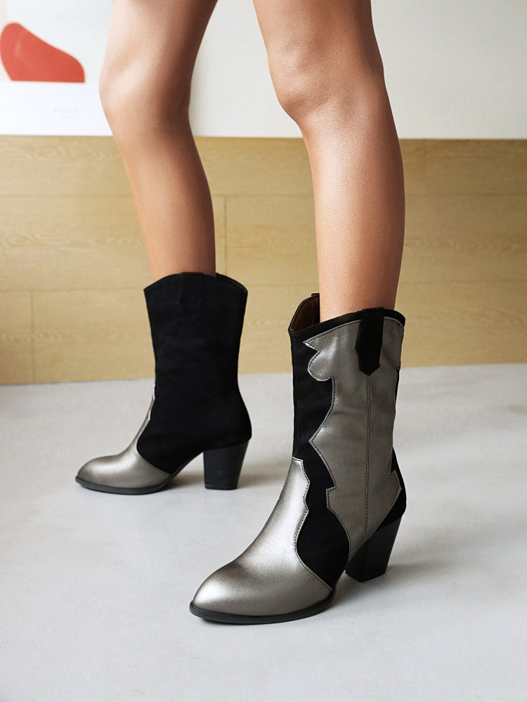Women's Bicolor Patent Flock Patchwork Block Chunky Heel Mid Calf Boots