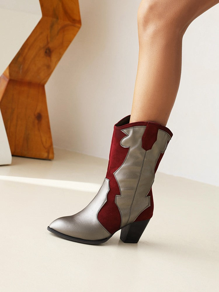 Women's Bicolor Patent Flock Patchwork Block Chunky Heel Mid Calf Boots