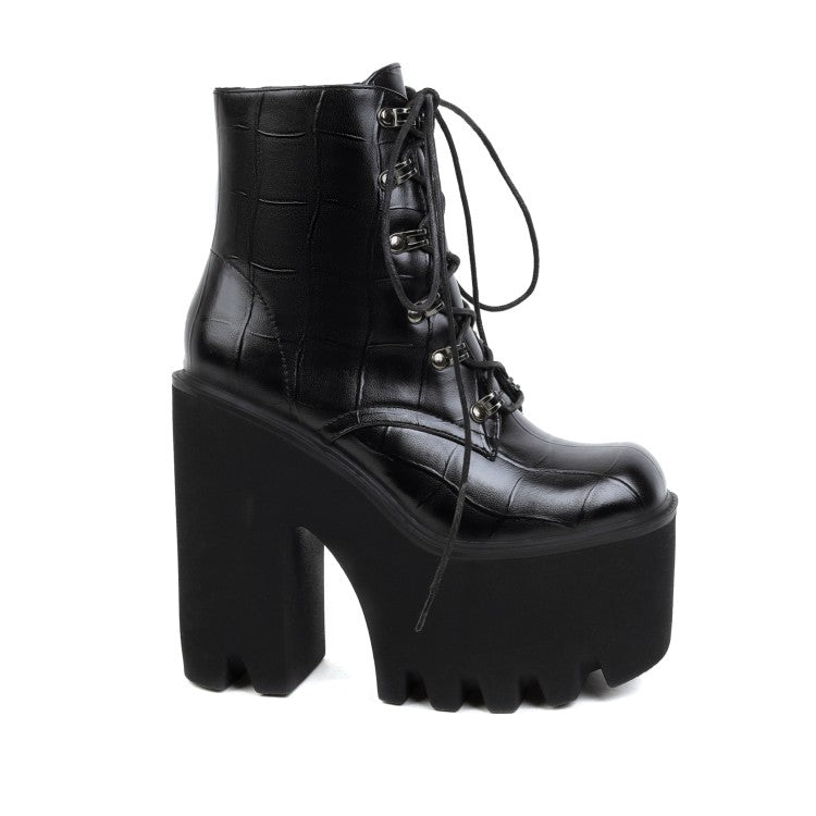 Women's Pu Leather Square Toe Lace Up Block Chunky Heel Platform Ankle Boots