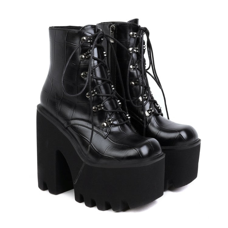 Women's Pu Leather Square Toe Lace Up Block Chunky Heel Platform Ankle Boots