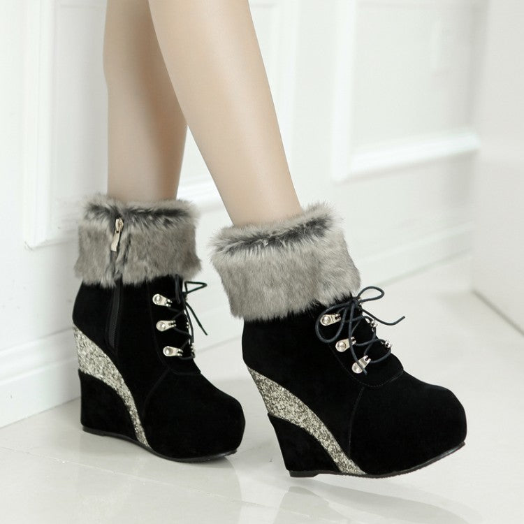 Women's Flock Sparkling Sequins Wedge Heel Platform Short Boots