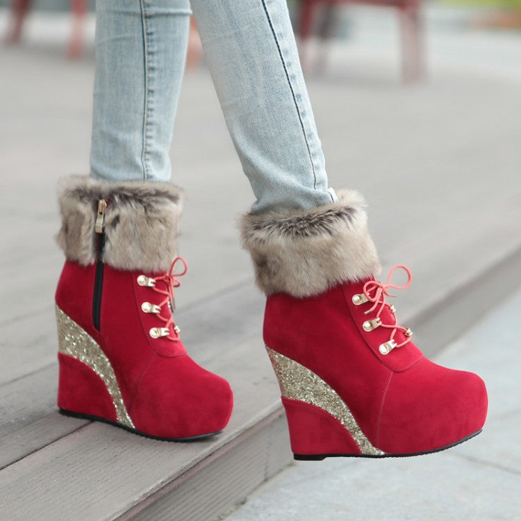 Women's Flock Sparkling Sequins Wedge Heel Platform Short Boots