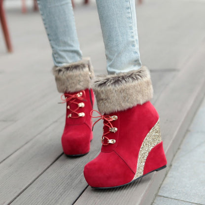 Women's Flock Sparkling Sequins Wedge Heel Platform Short Boots