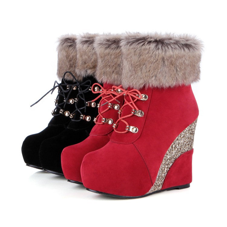 Women's Flock Sparkling Sequins Wedge Heel Platform Short Boots