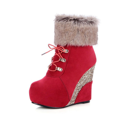 Women's Flock Sparkling Sequins Wedge Heel Platform Short Boots