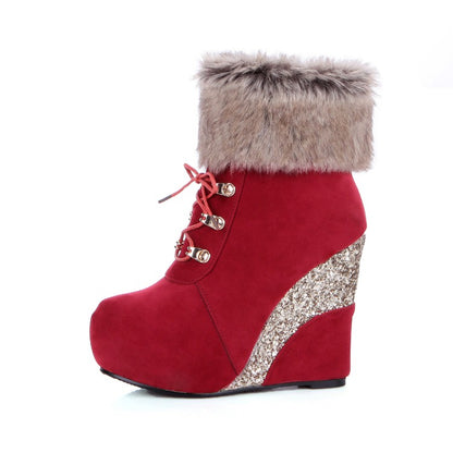 Women's Flock Sparkling Sequins Wedge Heel Platform Short Boots