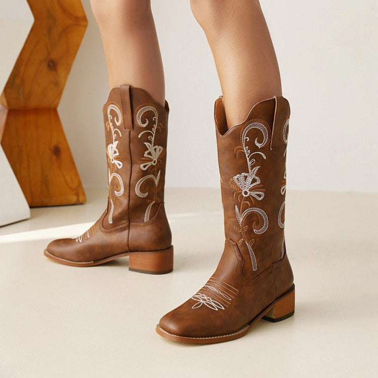 Women's Embroidery Block Heel Cowboy Mid Calf Boots