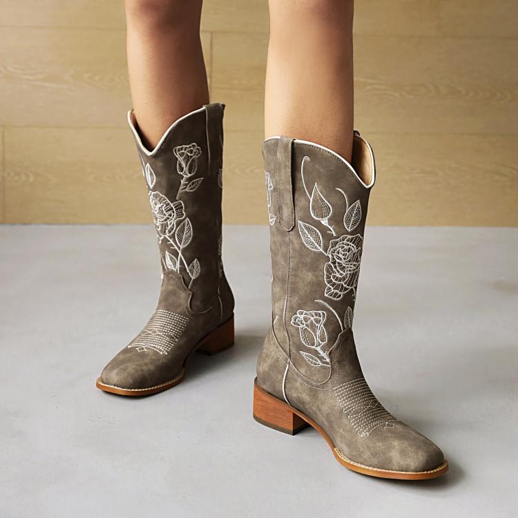 Women's Embroidery Pointed Toe Block Heel Cowboy Mid Calf Boots