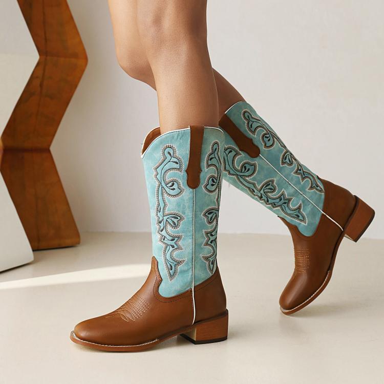 Women's Ethnic Pu Leather Embroidery Block Heel Mid Calf Boots