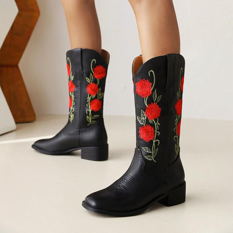 Women's Embroidery Roses Block Heel Mid Calf Boots