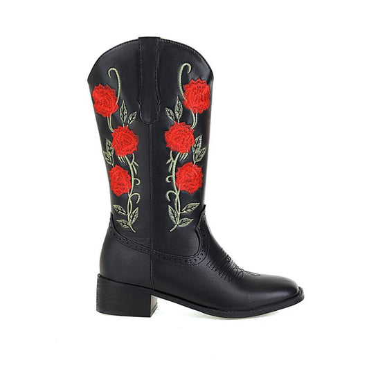 Women's Embroidery Roses Block Heel Mid Calf Boots