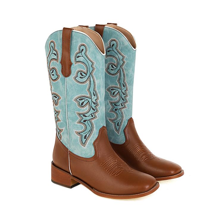 Women's Ethnic Pu Leather Embroidery Block Heel Mid Calf Boots