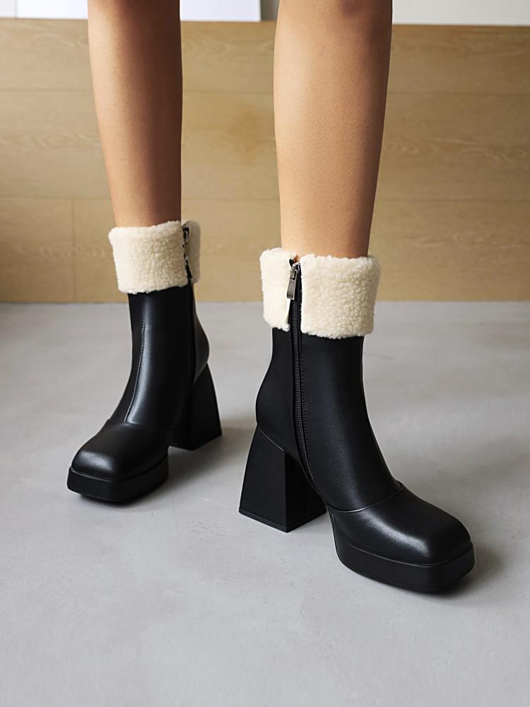 Women's Booties Pu Leather Square Toe Side Zippers Floppy Block Chunky Heel Platform Short Boots